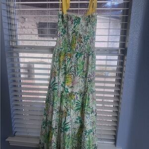 White Tropical Print Maxi Dress with Yellow Straps